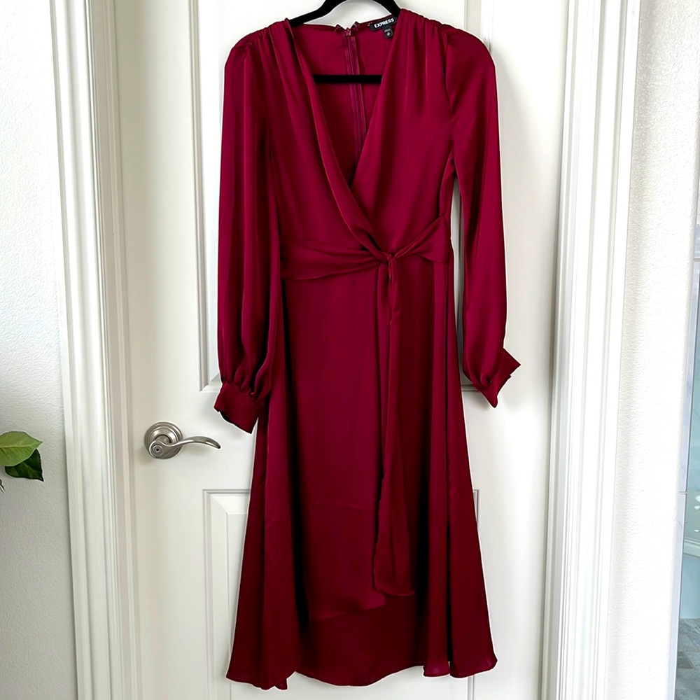 Express Satin Burgundy Wrap Midi Dress